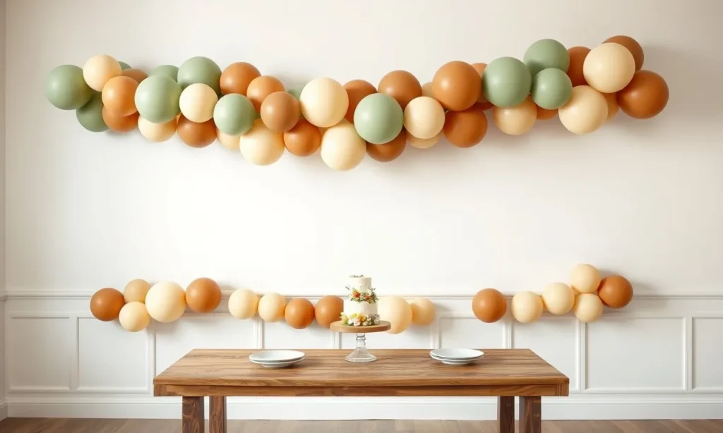 Sage, cream and brown balloon garland along a party backdrop