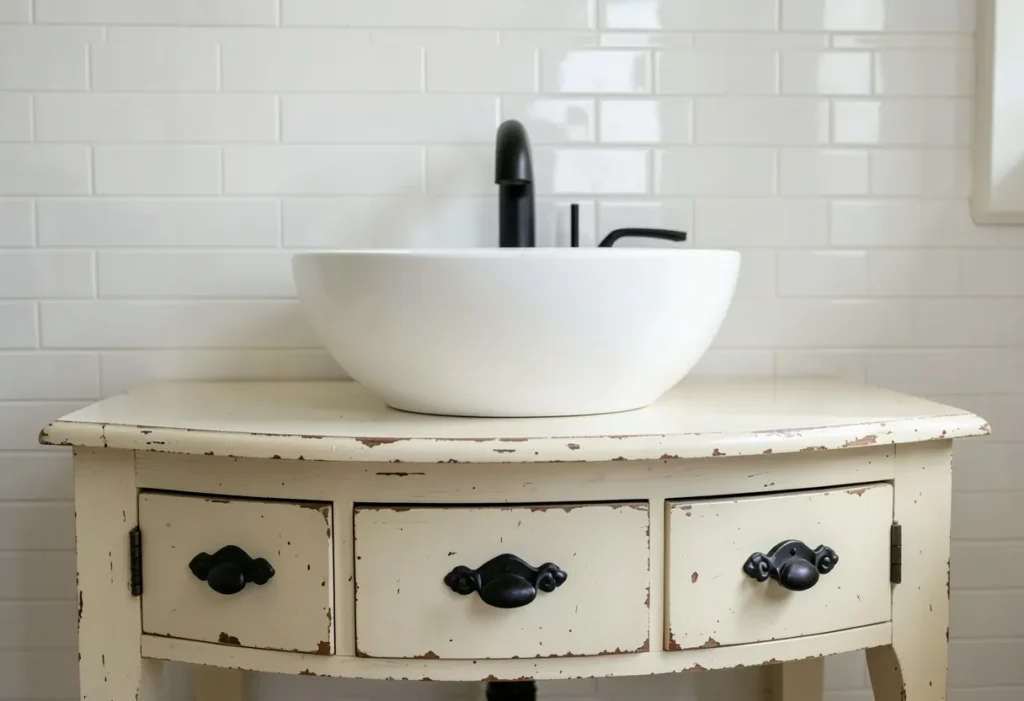 Country bathroom decor idea: an oak dresser used as a vanity with a vessel sink
