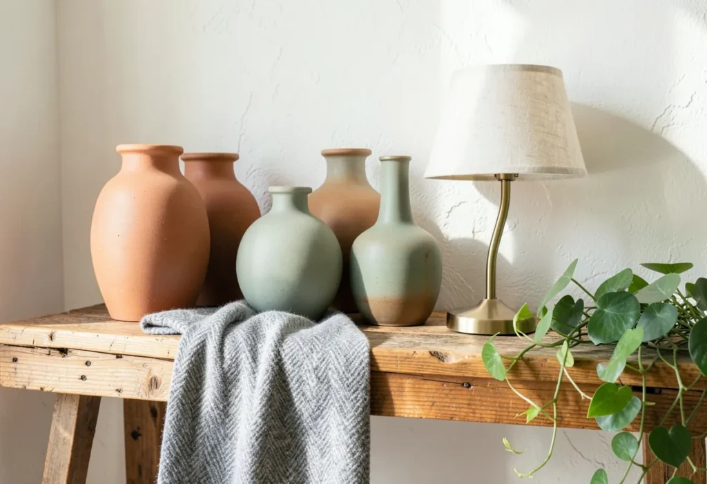 A shelf of mixed ceramics and textiles showing several home decor styles