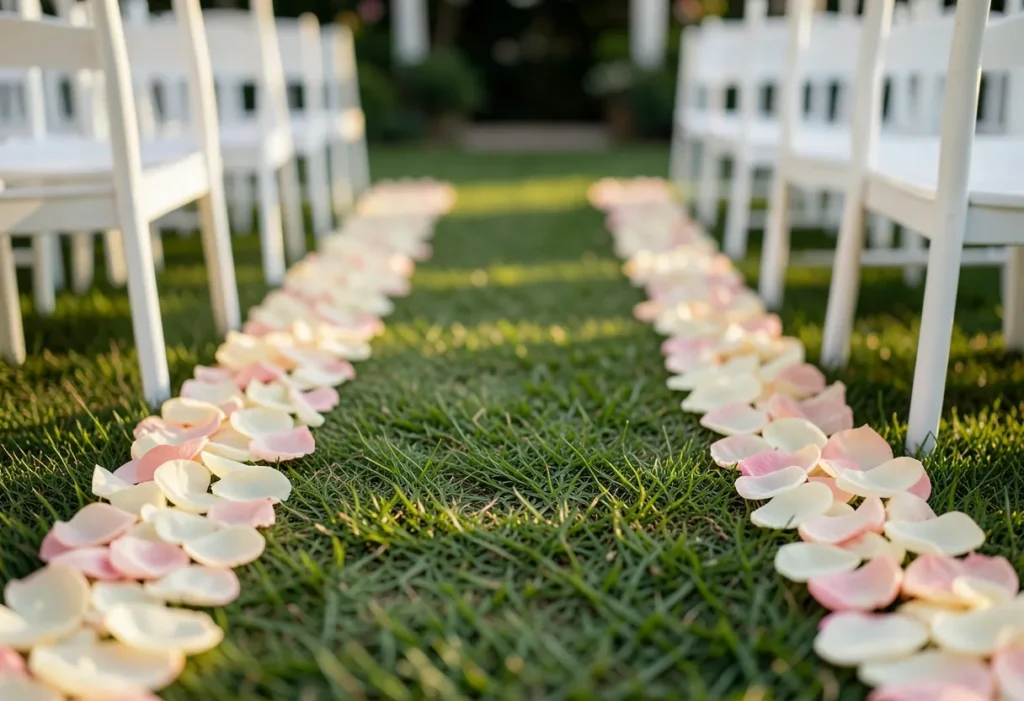 Cream and blush rose petals as wedding aisle decor along a grass aisle