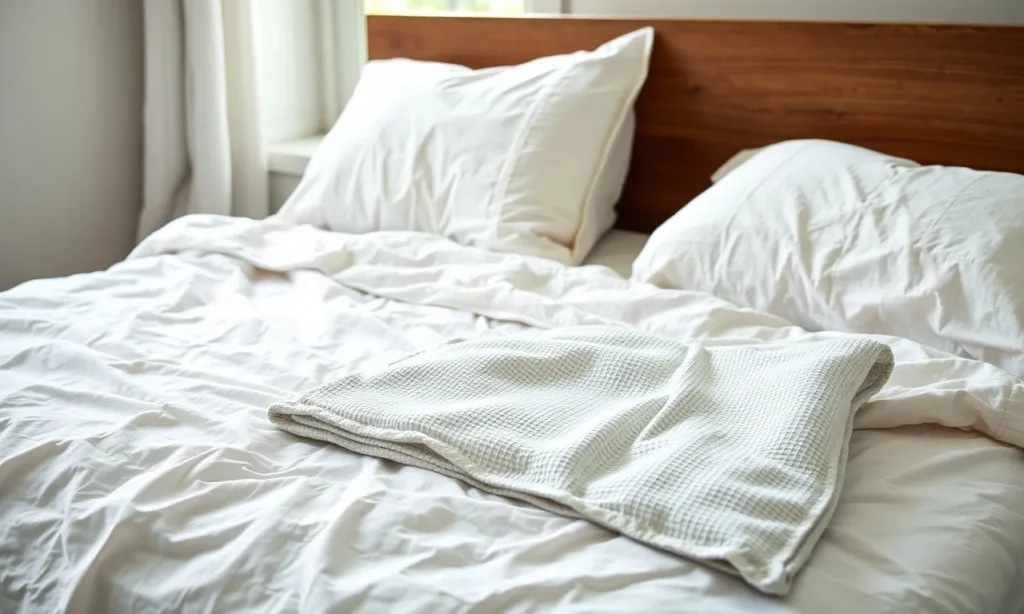 White and oatmeal linen sheets with a thin cotton coverlet on a made bed