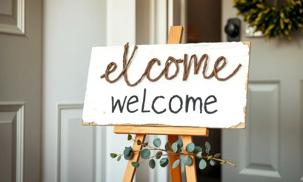 Woodland baby shower decorations at the door: twig letters spelling a baby sign on a wooden easel