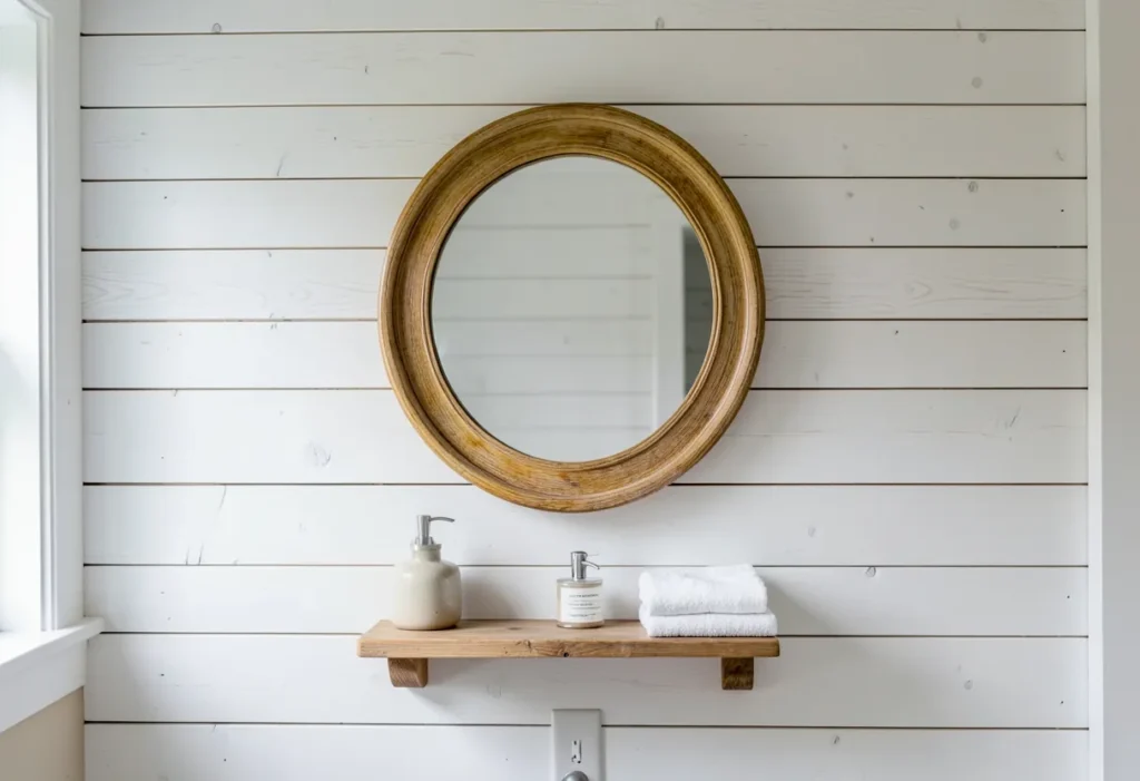 White painted plank wall behind a bathroom mirror