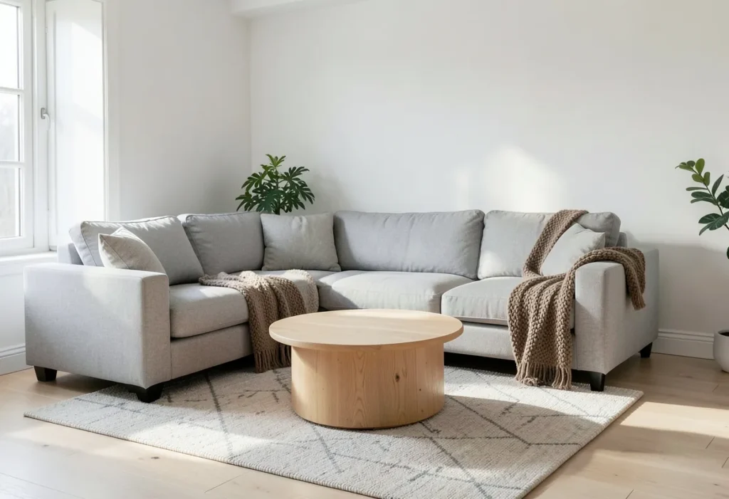 Scandinavian living room, one of the home decor styles, with white walls and pale wood