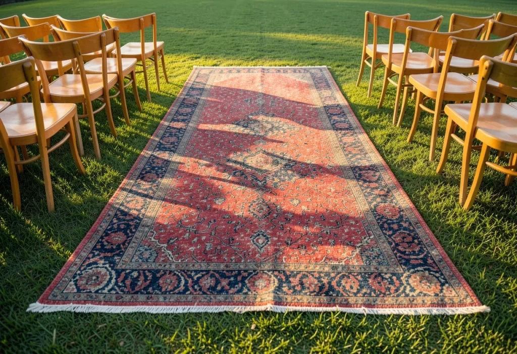 Faded vintage rug used as a runner on a lawn between rows of chairs