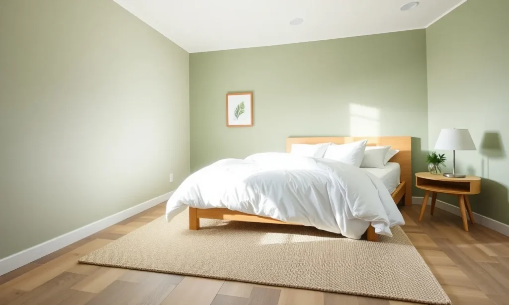 Bedroom with one sage green wall and white bedding