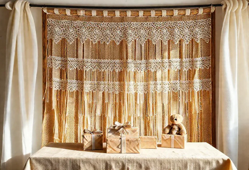 Burlap and cream lace strips layered as a backdrop behind a gift table