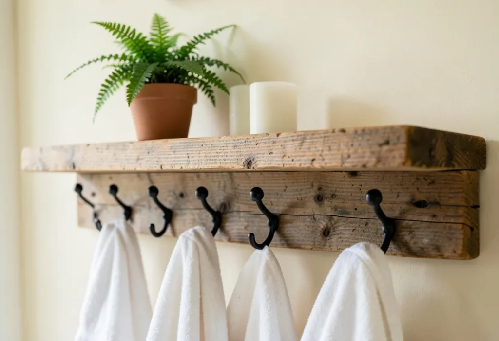 Wood shelf with black iron towel hooks in a bathroom