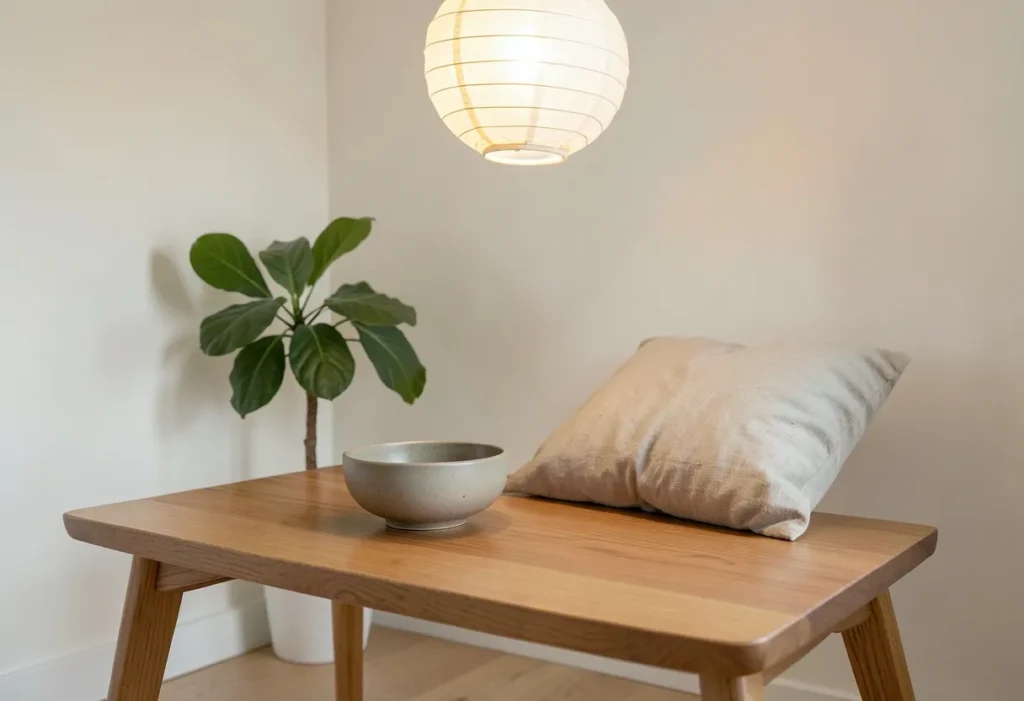 Japandi living corner with a low table and matte ceramic bowl