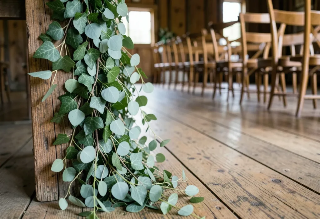 Eucalyptus garland laid along the edge of a wooden wedding aisle
