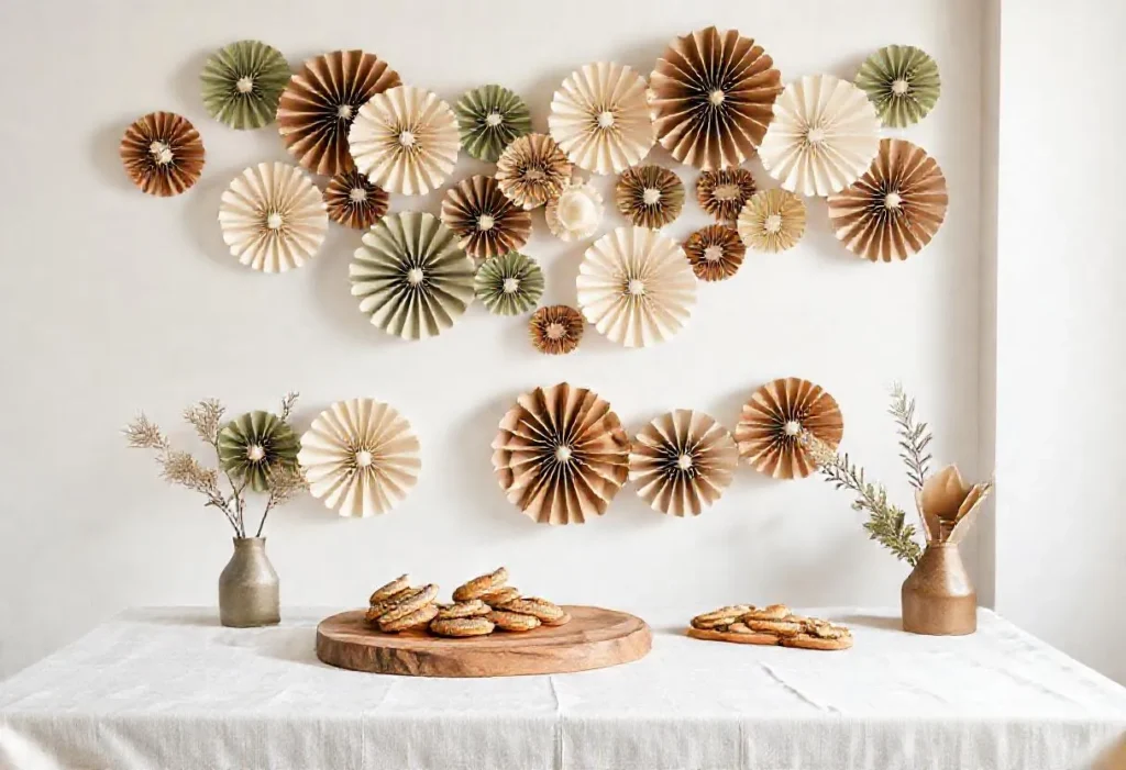 Paper fan garland in kraft, sage and cream above a food table