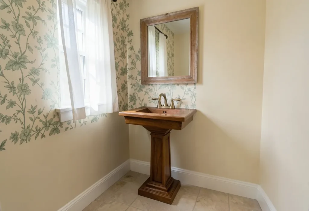Small floral wallpaper in a country powder room