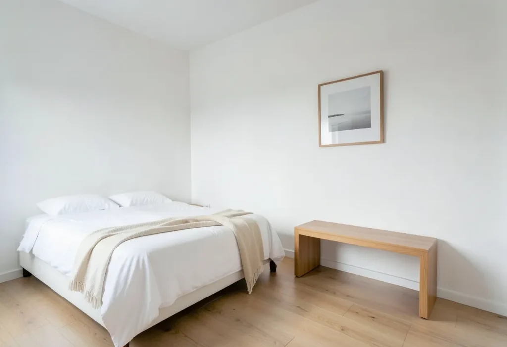 Modern minimalist bedroom with clean lines and a single wood bench