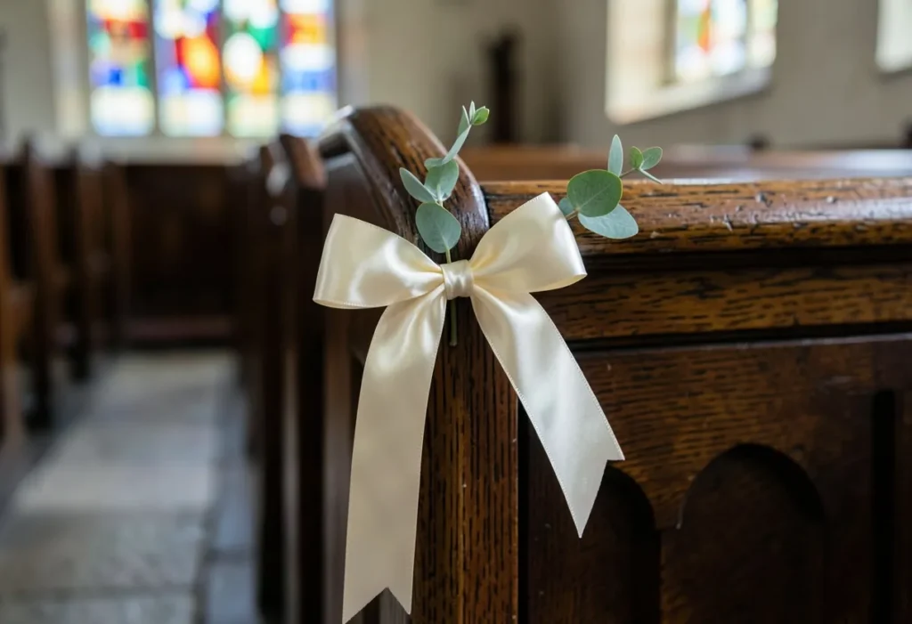 Satin ribbon bow with greenery tied to a wooden church pew end