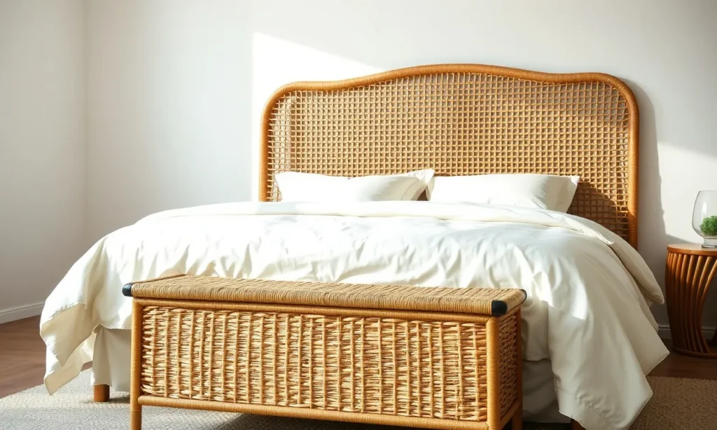 Rattan headboard and woven bench in a calm summer bedroom decor scheme