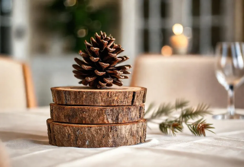 Stacked wood slices with a pinecone and LED candle as a woodland centerpiece