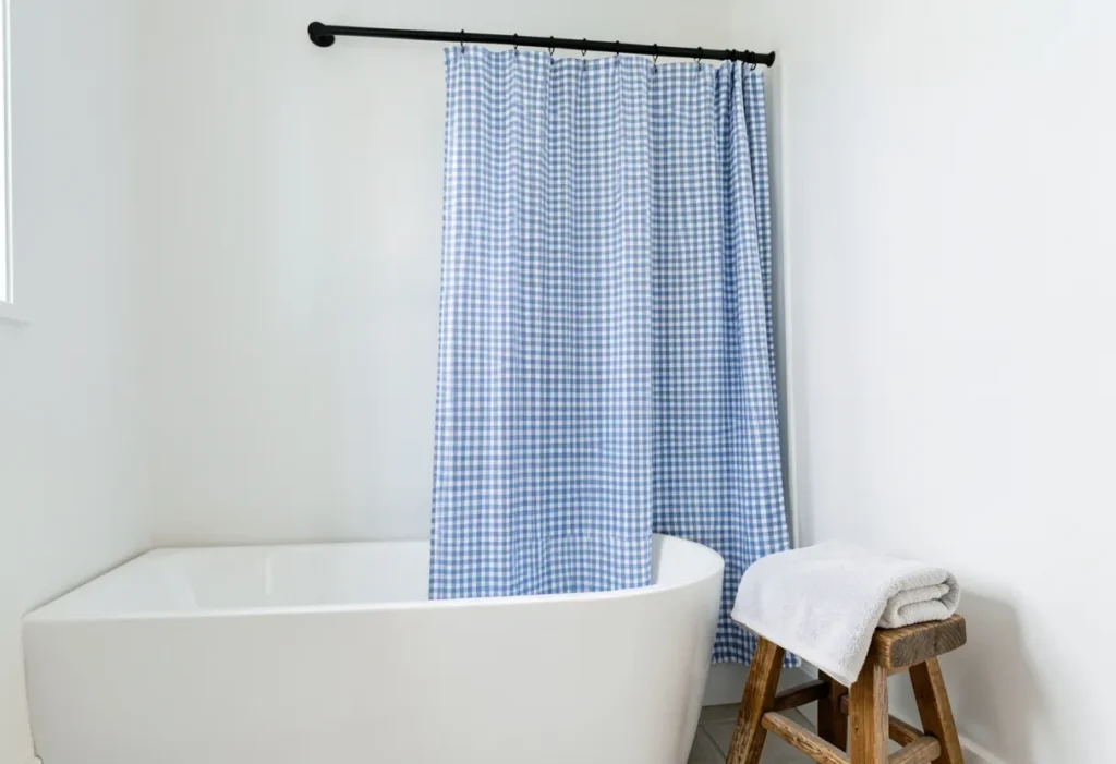 Gingham shower curtain in a country bathroom
