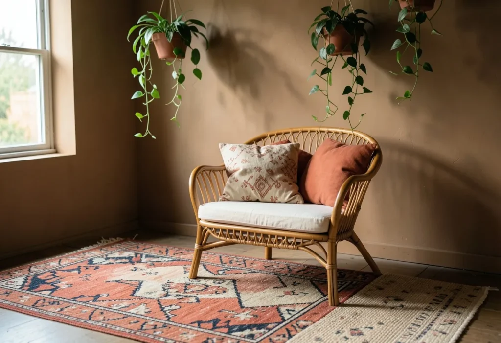 Bohemian room with layered rugs, rattan and terracotta pillows