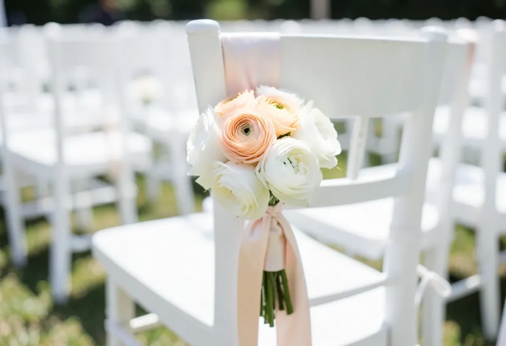 Small ranunculus and rose posy hung on the back of a white wedding chair