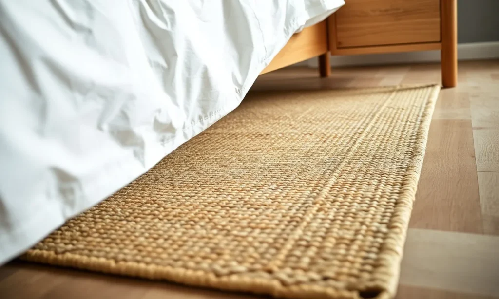 Flat woven jute rug under a bed