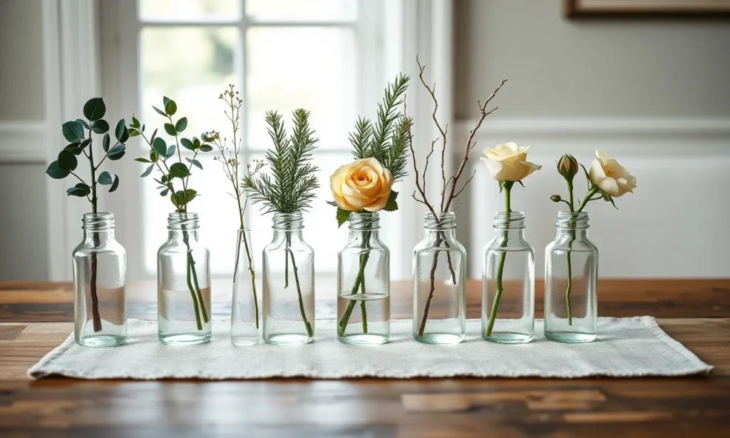 Glass bud vases with eucalyptus and birch twigs along a table