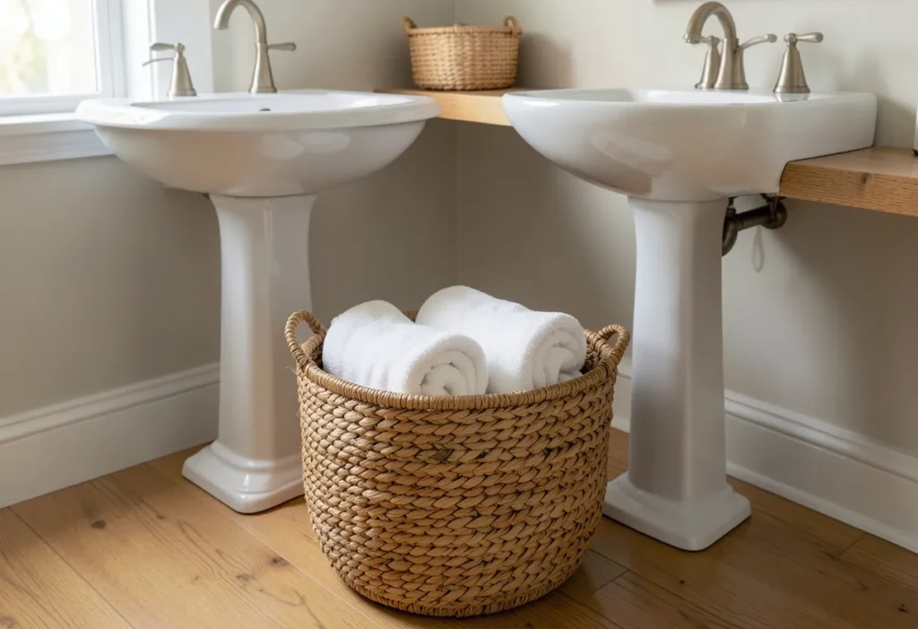 Woven seagrass basket under a bathroom sink holding rolled towels