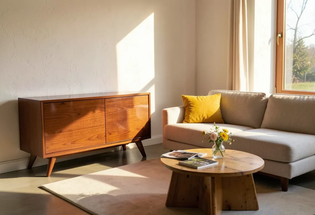 Mid-century modern sofa with tapered legs and a mustard pillow