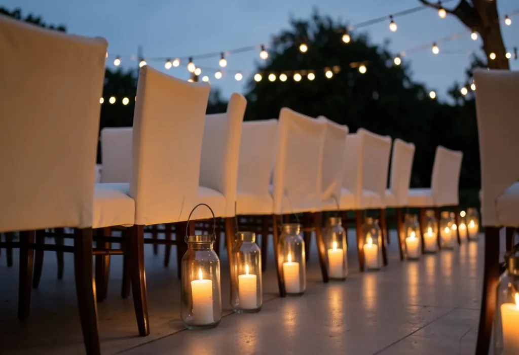 Glass hurricane lanterns with LED candles beside chairs at an evening ceremony