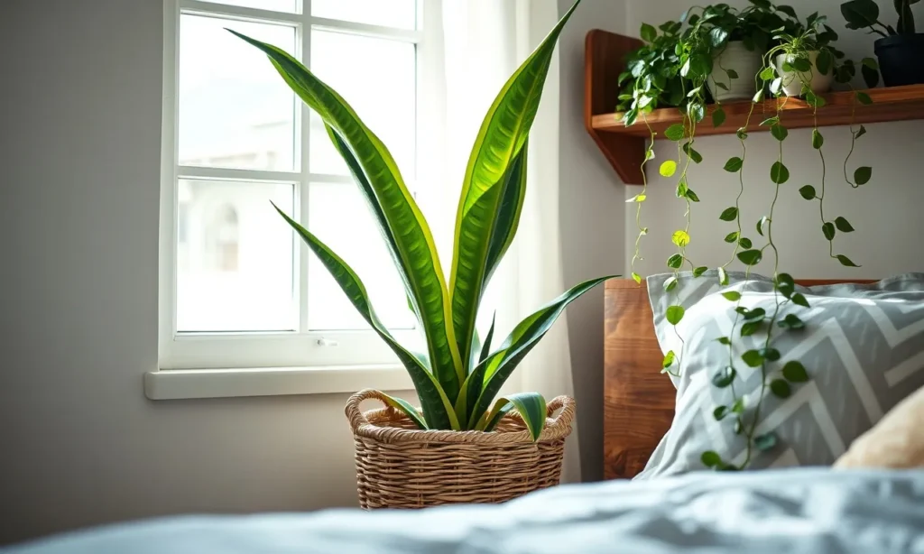 Snake plant in a basket next to a bed