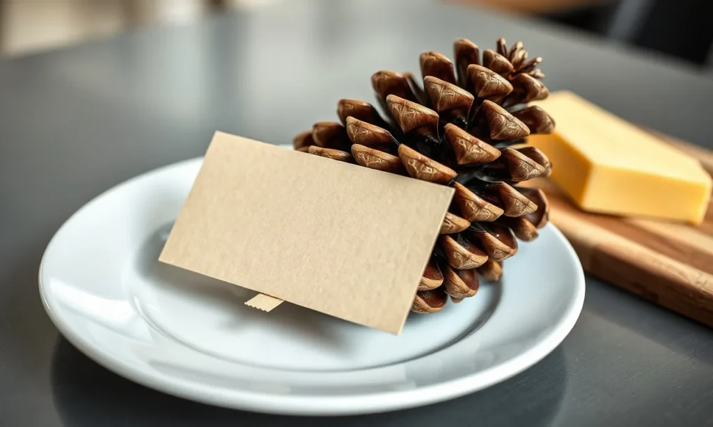 Pinecone on its side holding a blank folded food card