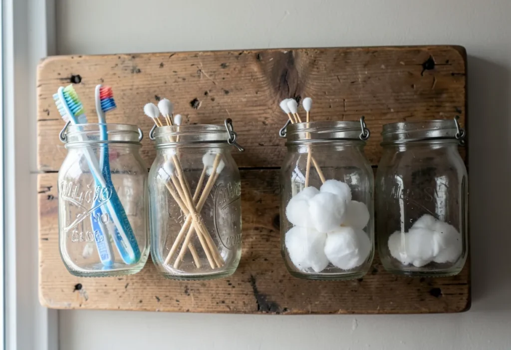 Mason jars on a wooden board holding toothbrushes and cotton swabs