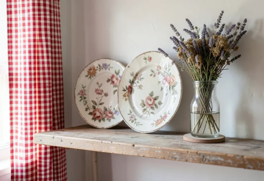 Cottagecore corner with vintage plates, gingham and dried flowers