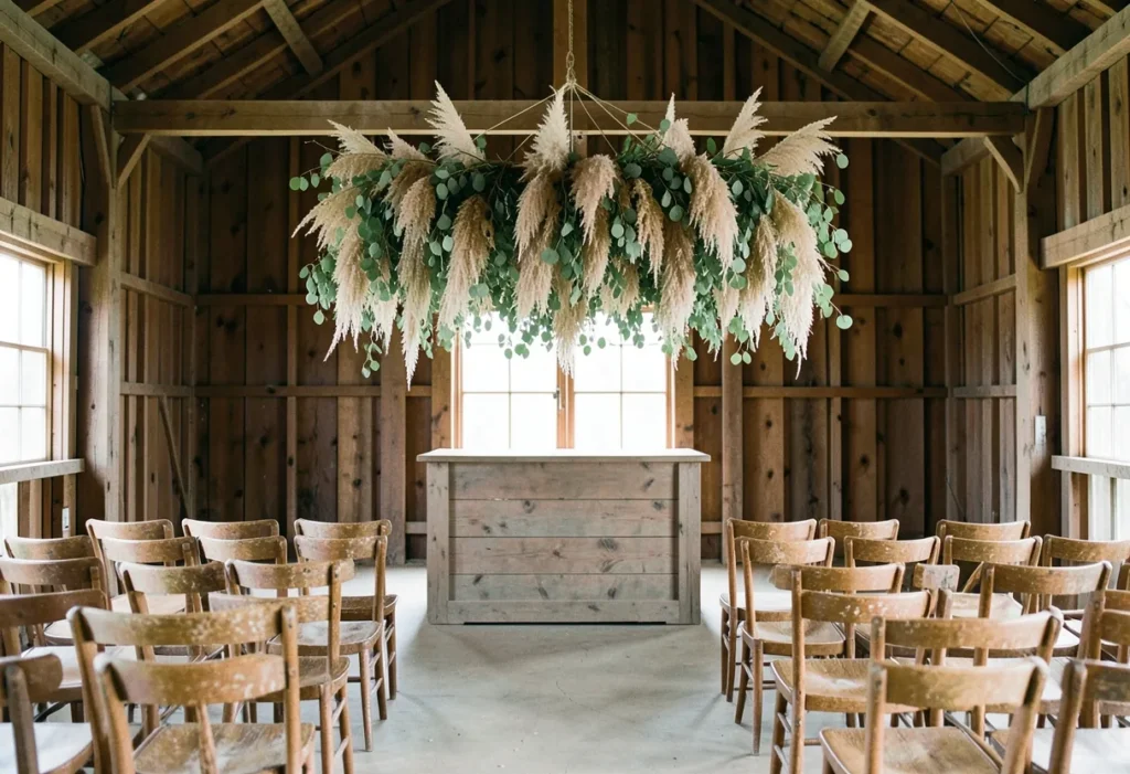 Hanging eucalyptus and pampas grass above a wedding altar