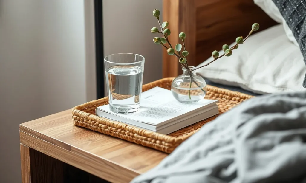 Woven tray on a nightstand with a glass of water and a small vase of green stems