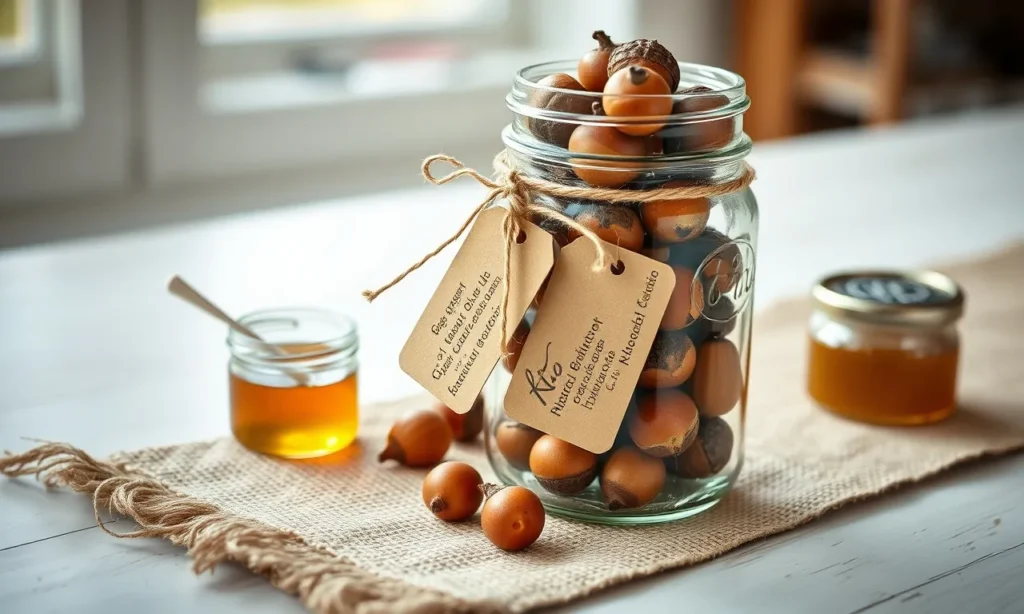 Mason jar of acorns on a table for a guessing game