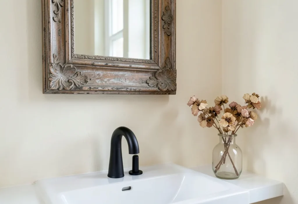 Antique-style mirror with a worn wood frame above a bathroom sink