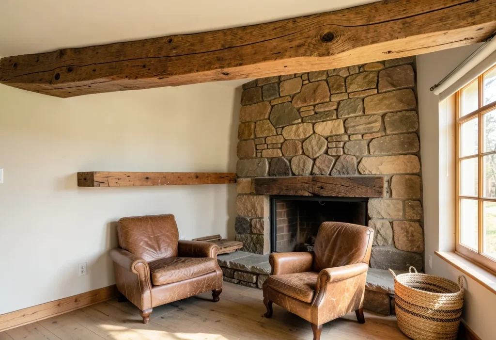 Rustic living room with reclaimed wood shelf and stone fireplace