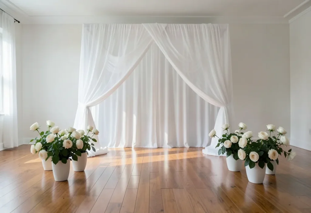 Sheer chiffon drapery framing the altar end of a wedding aisle
