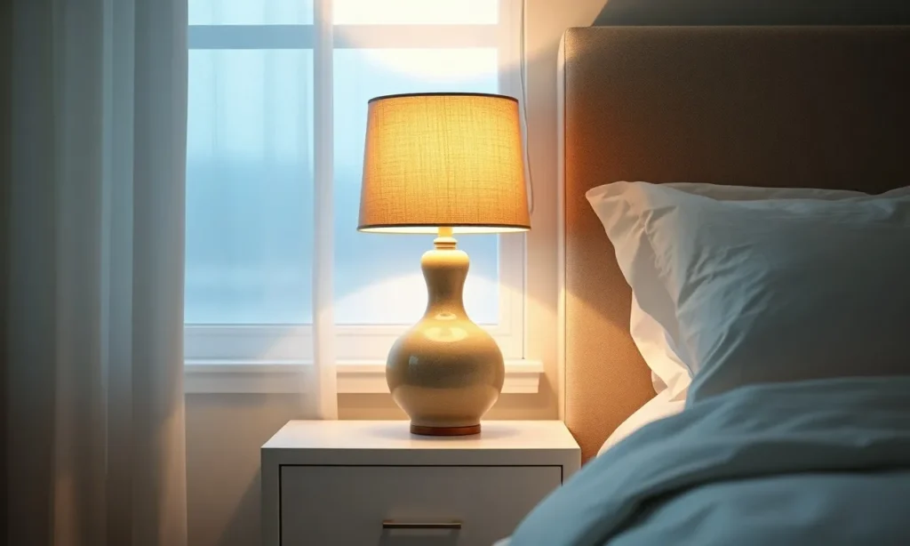 Table lamp with a linen shade glowing beside a bed