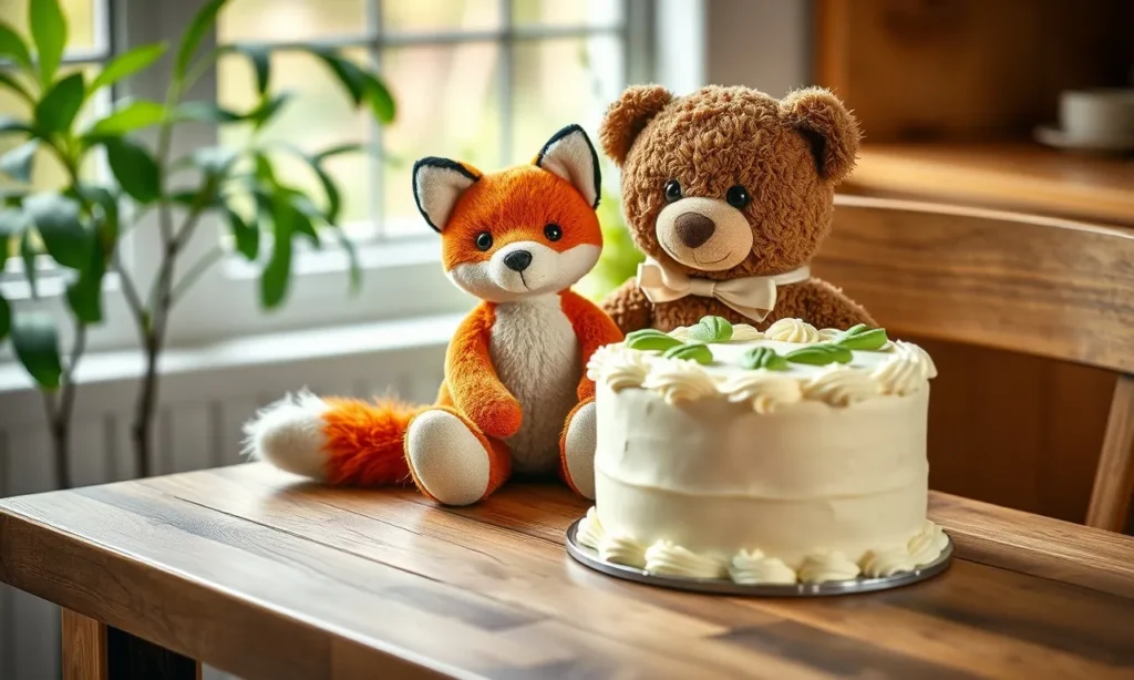 Plush fox and bear sitting beside a baby shower cake